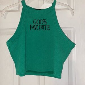 MICAS “God’s Favorite” Green Ribbed Sleeveless Tank Top Women’s Size L